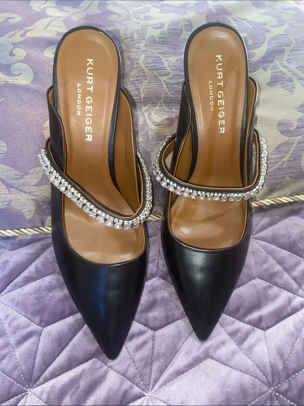 Kurt Geiger Black Pointed-Toe Mules with Crystal Strap - Picture 2 of 7